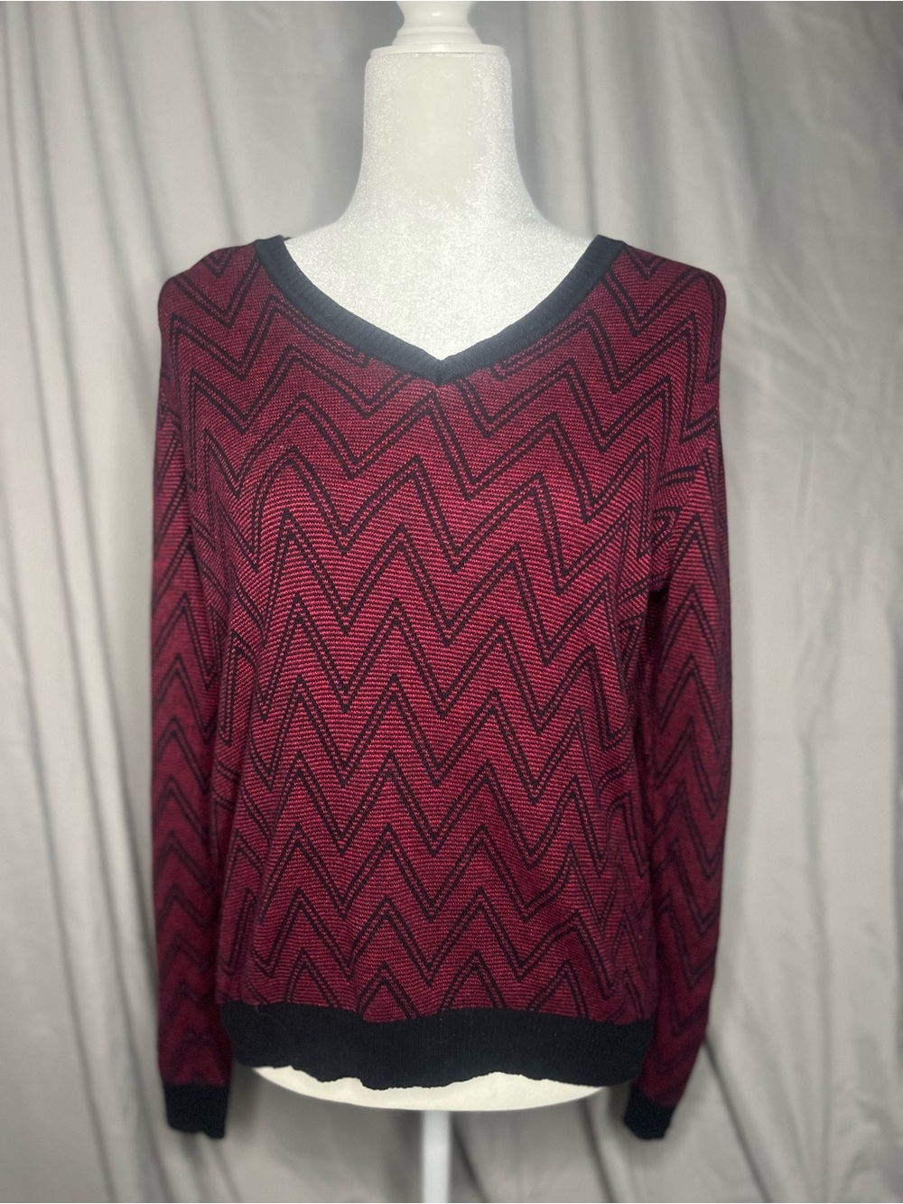 Kim Rogers Burgundy and Black Chevron V-Neck Sweater